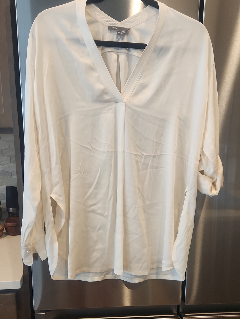 Vince Ivory V-Neck Roll-Tab Blouse